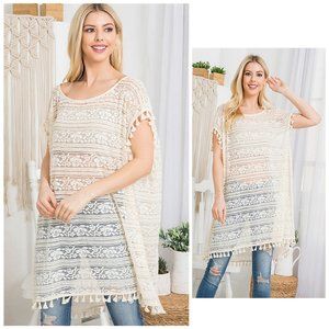Women Oversized Sheer Embroidered Lace Floral BOHO Tassel Trim Tunic Top XL 5316
